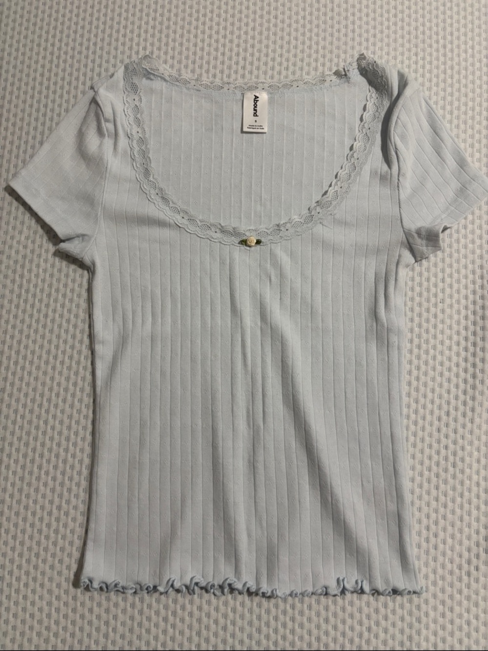Abercrombie & Fitch Pale Blue Ribbed Lace-Trim Scoop Tee